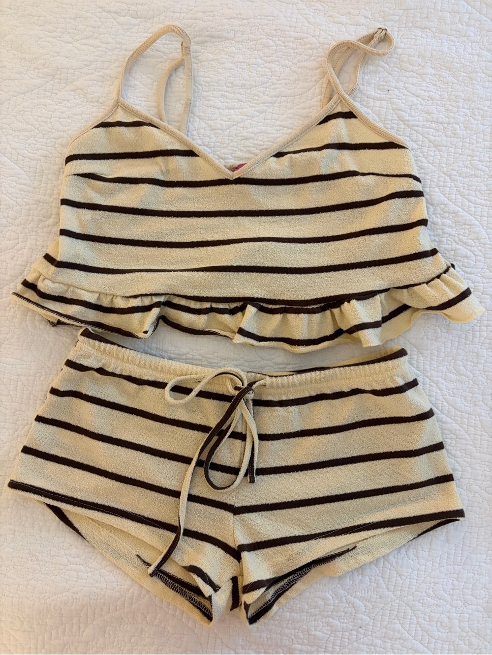 Edikted Cream and Brown Striped Ruffle Cami & Shorts Set